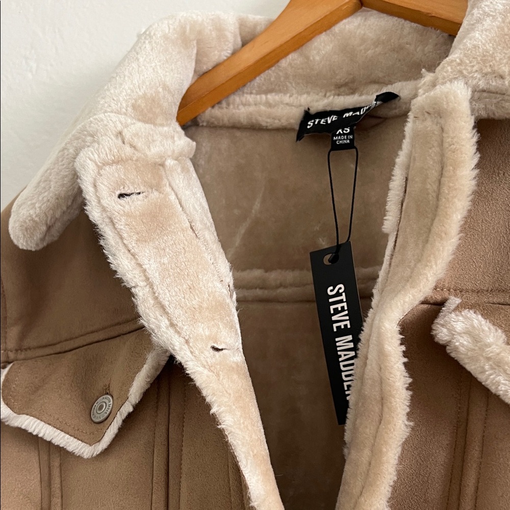NWT Steve Madden Marie Coat Natural Tan Faux Fur Suede Jacket size XS - Picture 6 of 11